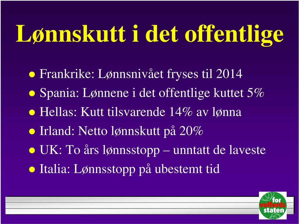 tilsvarende 14% av lønna Irland: Netto lønnskutt på 20% UK: To