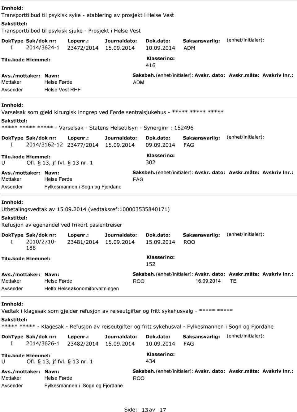 : ADM Helse Vest RHF Varselsak som gjeld kirurgisk inngrep ved Førde sentralsjukehus - ***** ***** ***** ***** ***** ***** - Varselsak - Statens Helsetilsyn - Synerginr : 152496 2014/3162-12