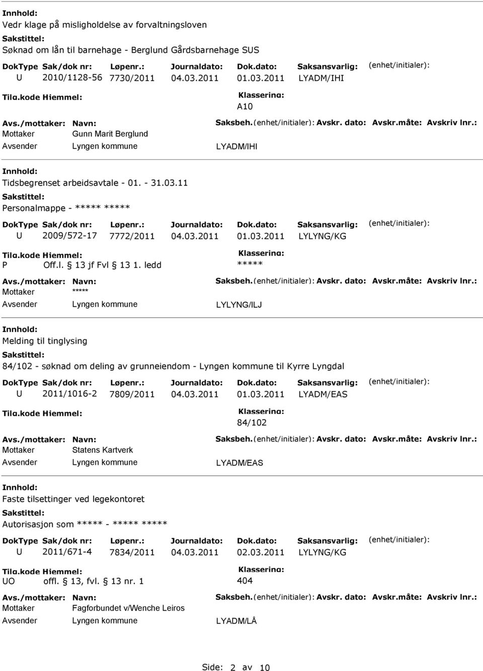 /mottaker: Navn: Saksbeh. Avskr. dato: Avskr.måte: Avskriv lnr.: LYLYNG/LJ Melding til tinglysing 84/102 - søknad om deling av grunneiendom - til Kyrre Lyngdal 2011/1016-2 7809/2011 01.03.