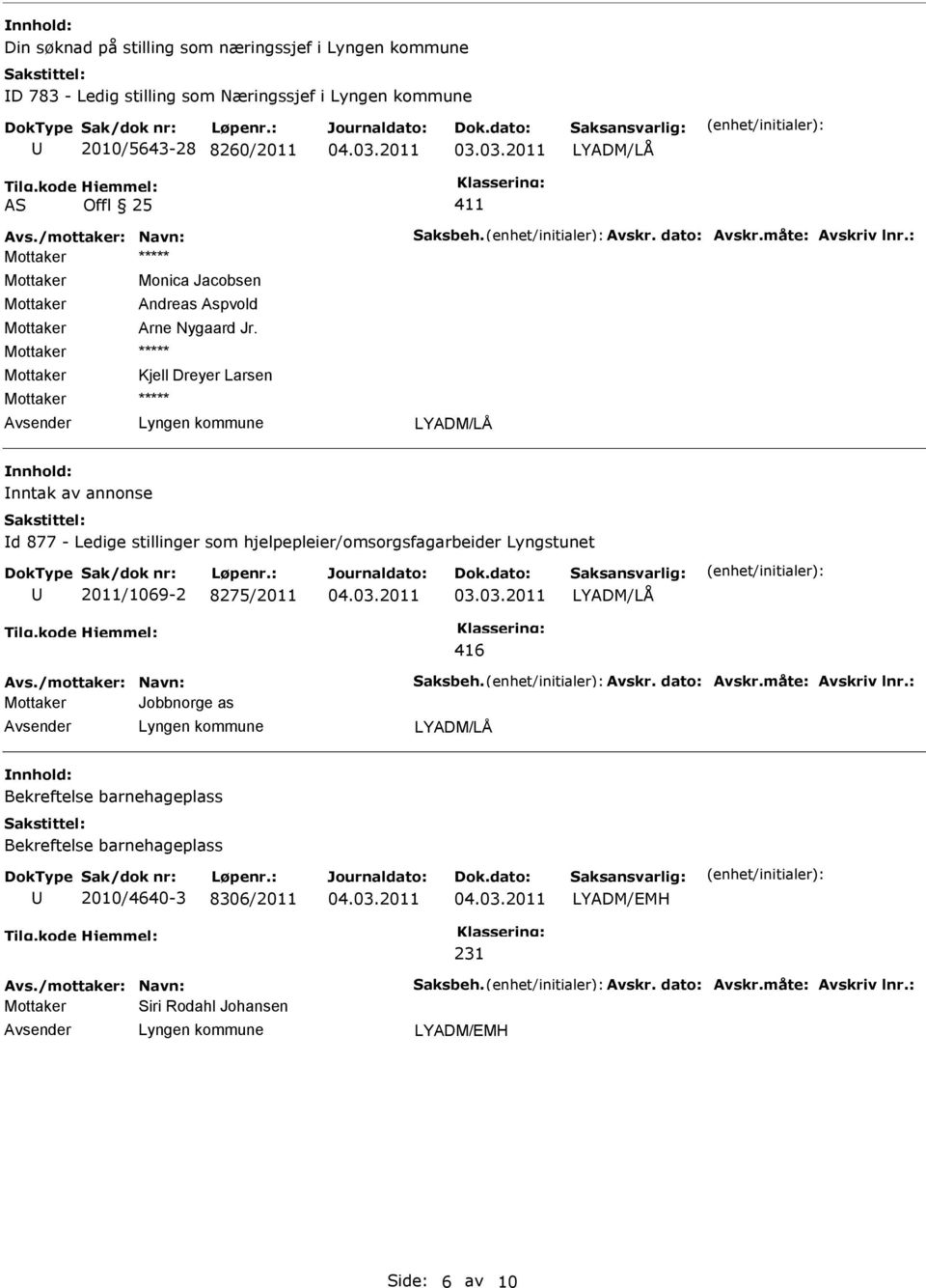 Kjell Dreyer Larsen nntak av annonse d 877 - Ledige stillinger som hjelpepleier/omsorgsfagarbeider Lyngstunet 2011/1069-2 8275/2011 416 Avs.