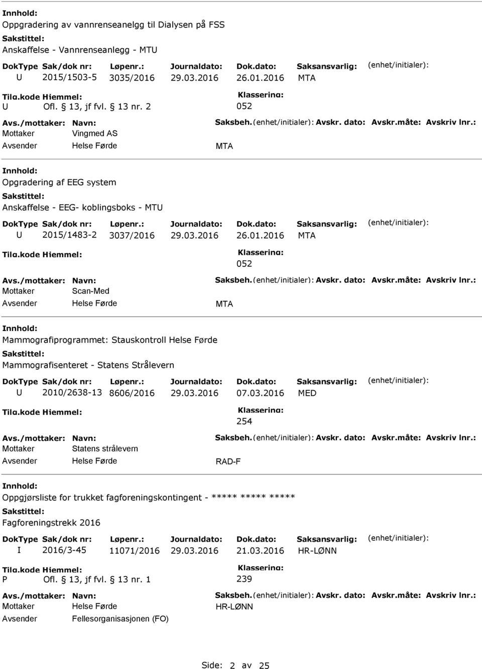 måte: Avskriv lnr.: Mottaker Scan-Med MTA Mammografiprogrammet: Stauskontroll Mammografisenteret - Statens Strålevern 2010/2638-13 8606/2016 07.03.2016 MED 254 Avs./mottaker: Navn: Saksbeh. Avskr. dato: Avskr.