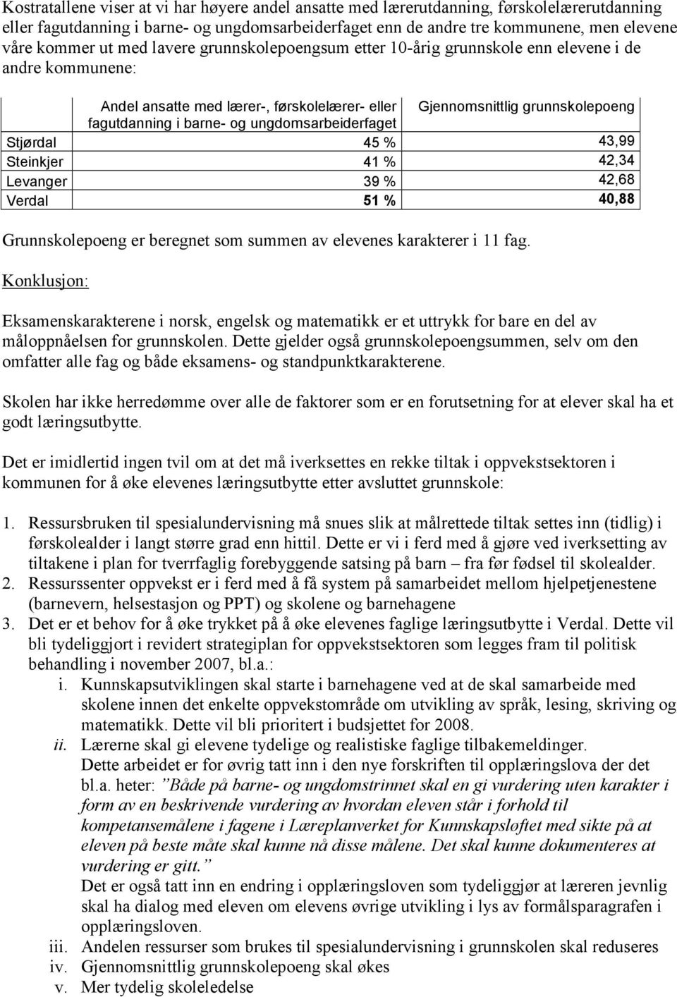 ungdomsarbeiderfaget Stjørdal 45 % 43,99 Steinkjer 41 % 42,34 Levanger 39 % 42,68 Verdal 51 % 40,88 Grunnskolepoeng er beregnet som summen av elevenes karakterer i 11 fag.