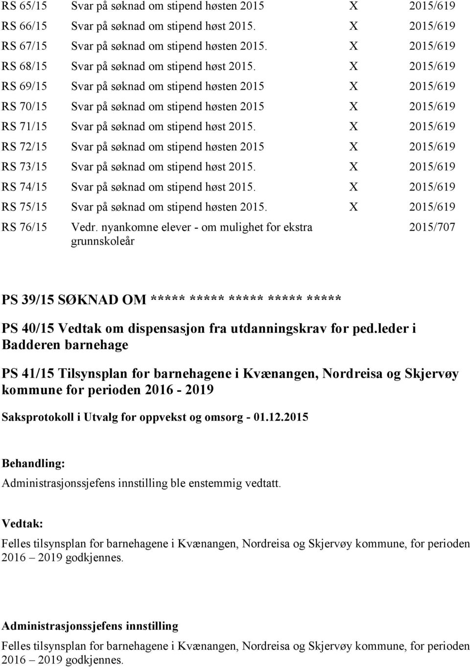 X 2015/619 RS 69/15 Svar på søknad om stipend høsten 2015 X 2015/619 RS 70/15 Svar på søknad om stipend høsten 2015 X 2015/619 RS 71/15 Svar på søknad om stipend høst 2015.