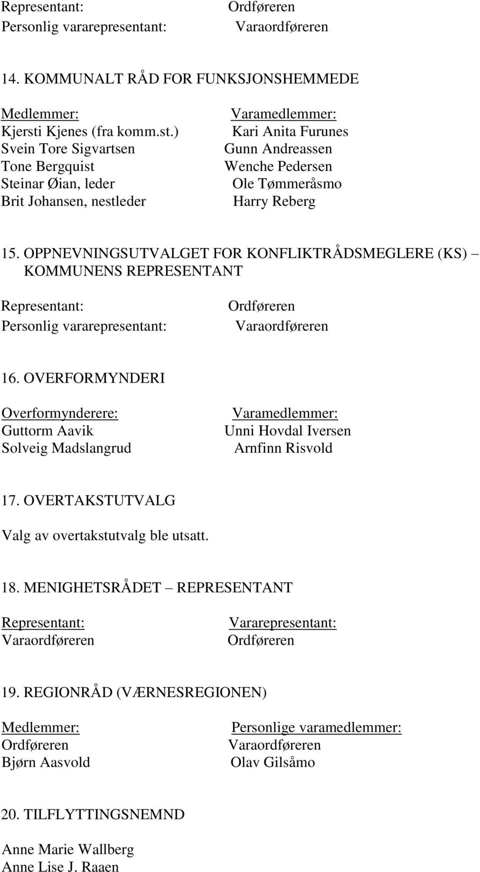 ) Svein Tore Sigvartsen Tone Bergquist Steinar Øian, leder Brit Johansen, nestleder Kari Anita Furunes Gunn Andreassen Wenche Pedersen Ole Tømmeråsmo Harry Reberg 15.