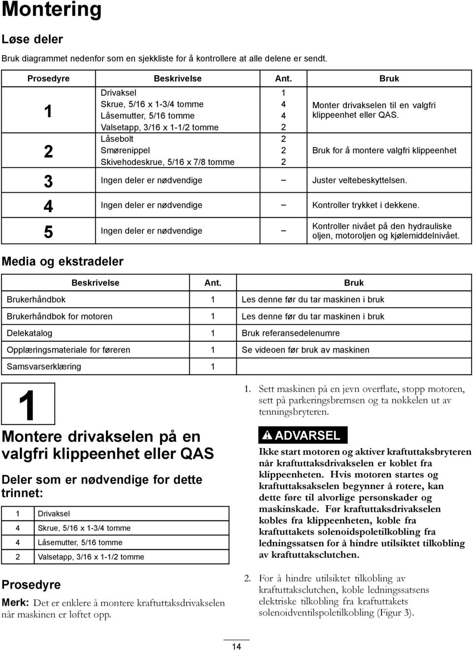 klippeenhet eller QAS. Bruk for å montere valgfri klippeenhet 3 Ingen deler er nødvendige Juster veltebeskyttelsen. 4 Ingen deler er nødvendige Kontroller trykket i dekkene.