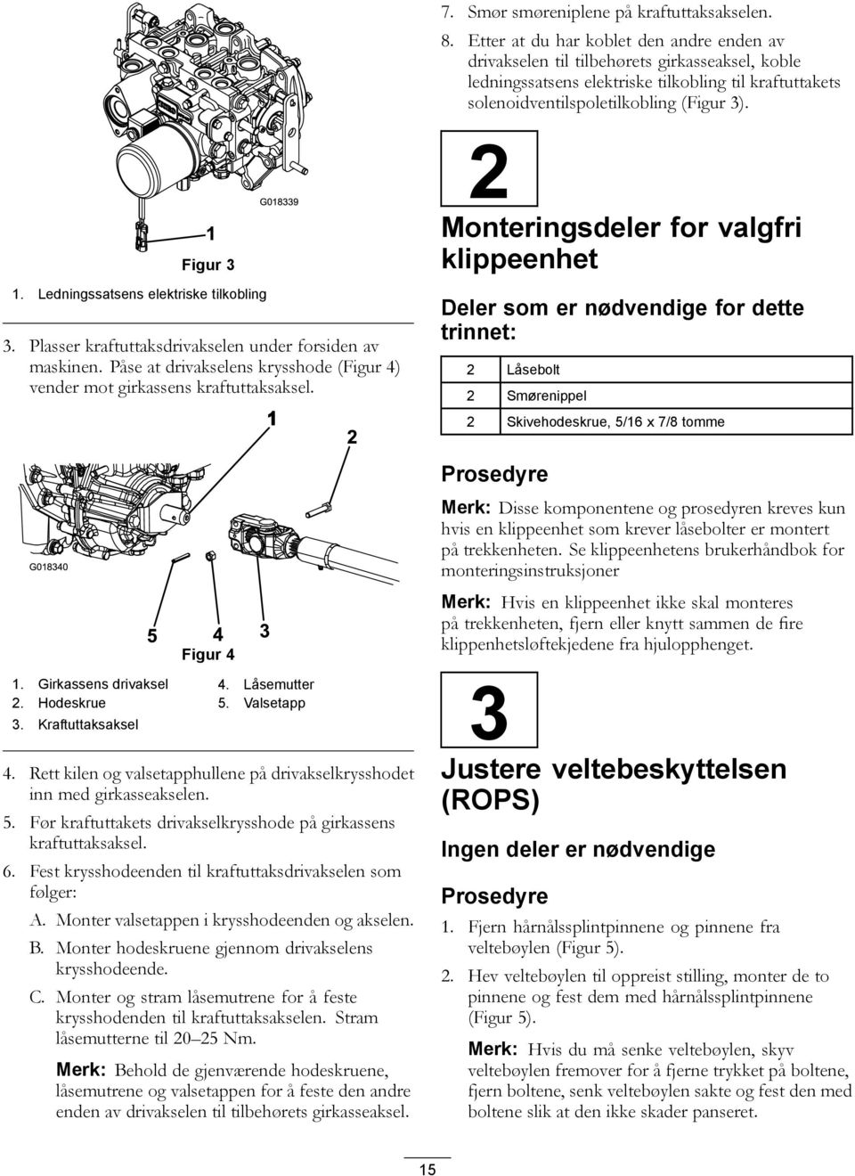 Ledningssatsens elektriske tilkobling G018339 3. Plasser kraftuttaksdrivakselen under forsiden av maskinen. Påse at drivakselens krysshode (Figur 4) vender mot girkassens kraftuttaksaksel.