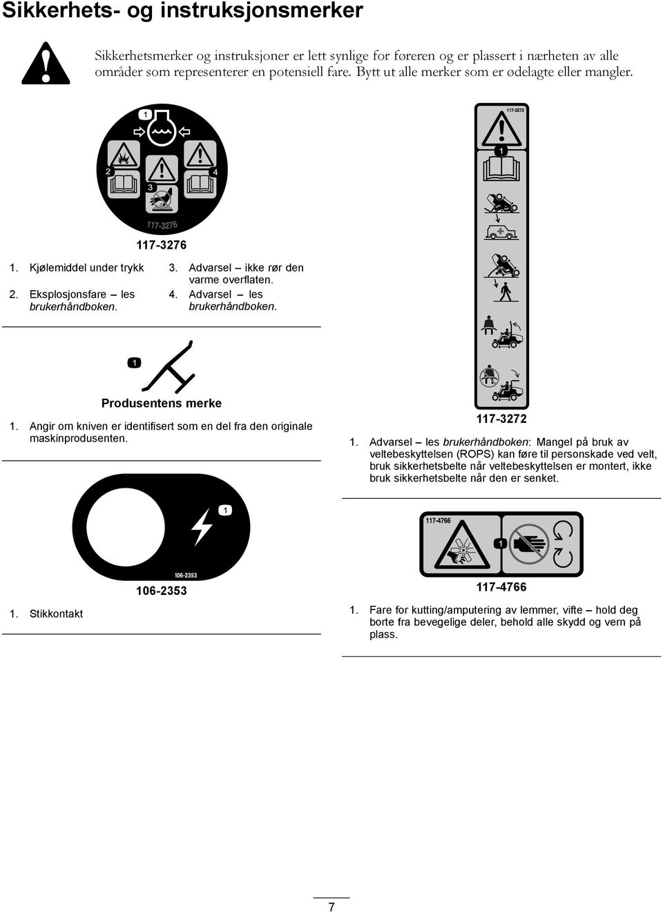 Advarsel les brukerhåndboken. Produsentens merke 1. Angir om kniven er identifisert som en del fra den originale maskinprodusenten. 117-3272 1.