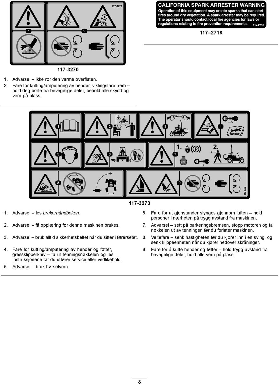 7. Advarsel sett på parkeringsbremsen, stopp motoren og ta nøkkelen ut av tenningen før du forlater maskinen. 3. Advarsel bruk alltid sikkerhetsbeltet når du sitter i førersetet. 8.