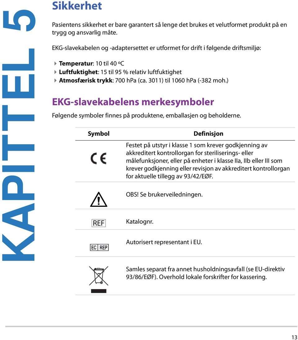 3011) til 1060 hpa (-382 moh.) EKG-slavekabelens merkesymboler Følgende symboler finnes på produktene, emballasjen og beholderne.