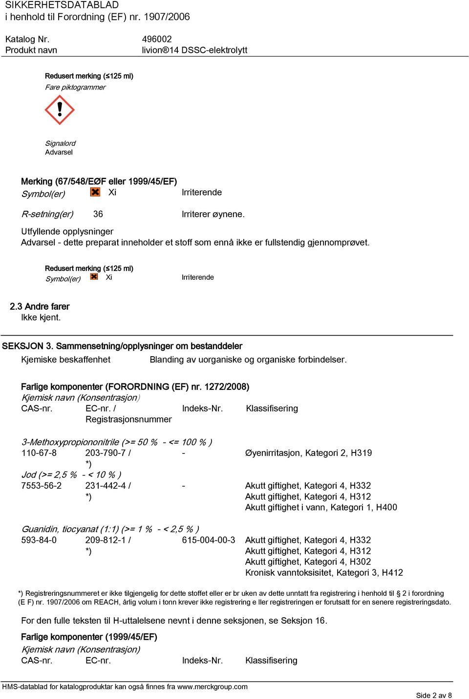 SEKSJON 3. Sammensetning/opplysninger om bestanddeler Kjemiske beskaffenhet Blanding av uorganiske og organiske forbindelser. Farlige komponenter (FORORDNING (EF) nr.