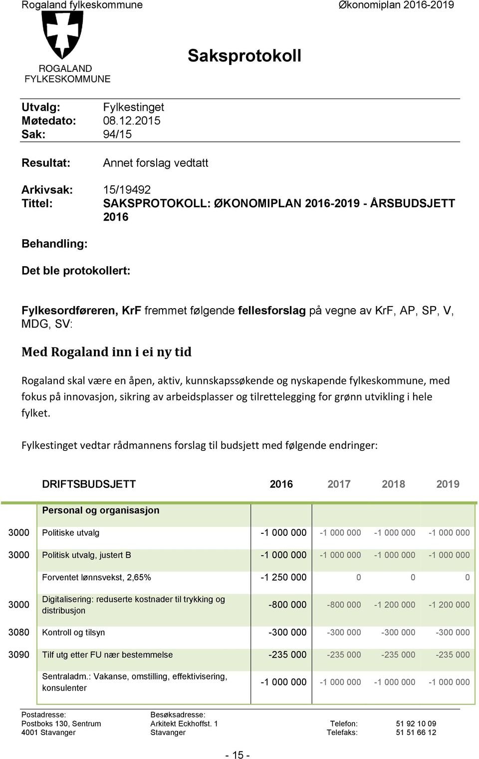 følgende fellesforslag på vegne av KrF, AP, SP, V, MDG, SV: Med Rogaland inn i ei ny tid Rogaland skal være en åpen, aktiv, kunnskapssøkende og nyskapende fylkeskommune, med fokus på innovasjon,