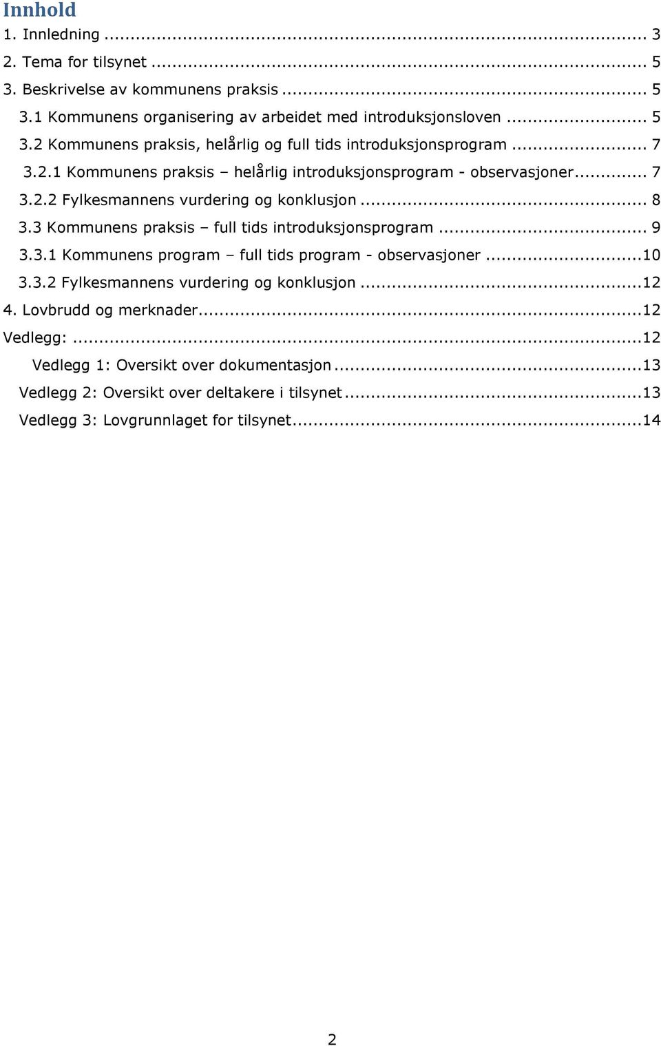 3 Kommunens praksis full tids introduksjonsprogram... 9 3.3.1 Kommunens program full tids program - observasjoner...10 3.3.2 Fylkesmannens vurdering og konklusjon...12 4.