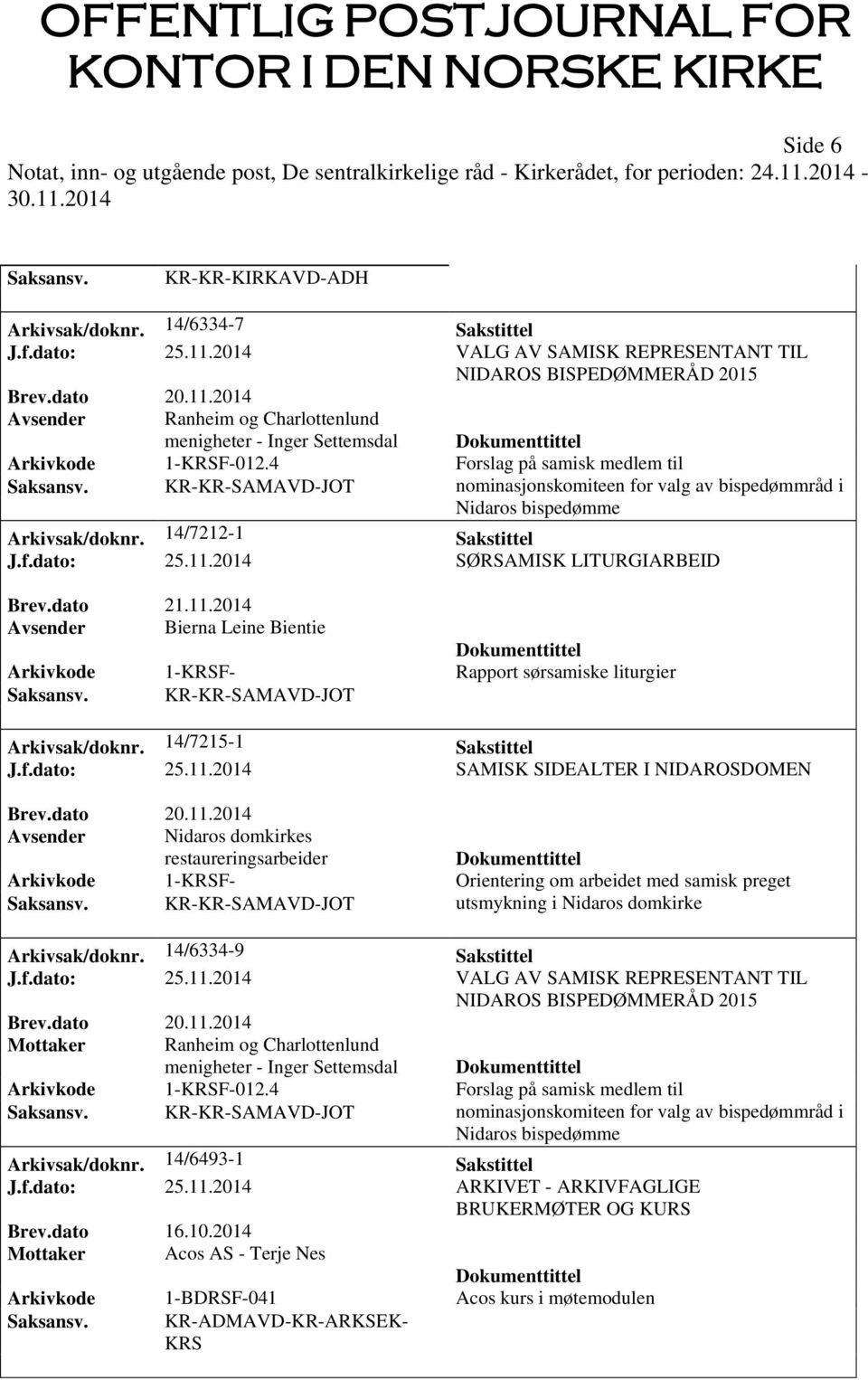 2014 SØRSAMISK LITURGIARBEID Brev.dato 21.11.2014 Avsender Bierna Leine Bientie Arkivkode 1-F- Rapport sørsamiske liturgier Saksansv. KR-KR-SAMAVD-JOT Arkivsak/doknr. 14/7215-1 Sakstittel J.f.