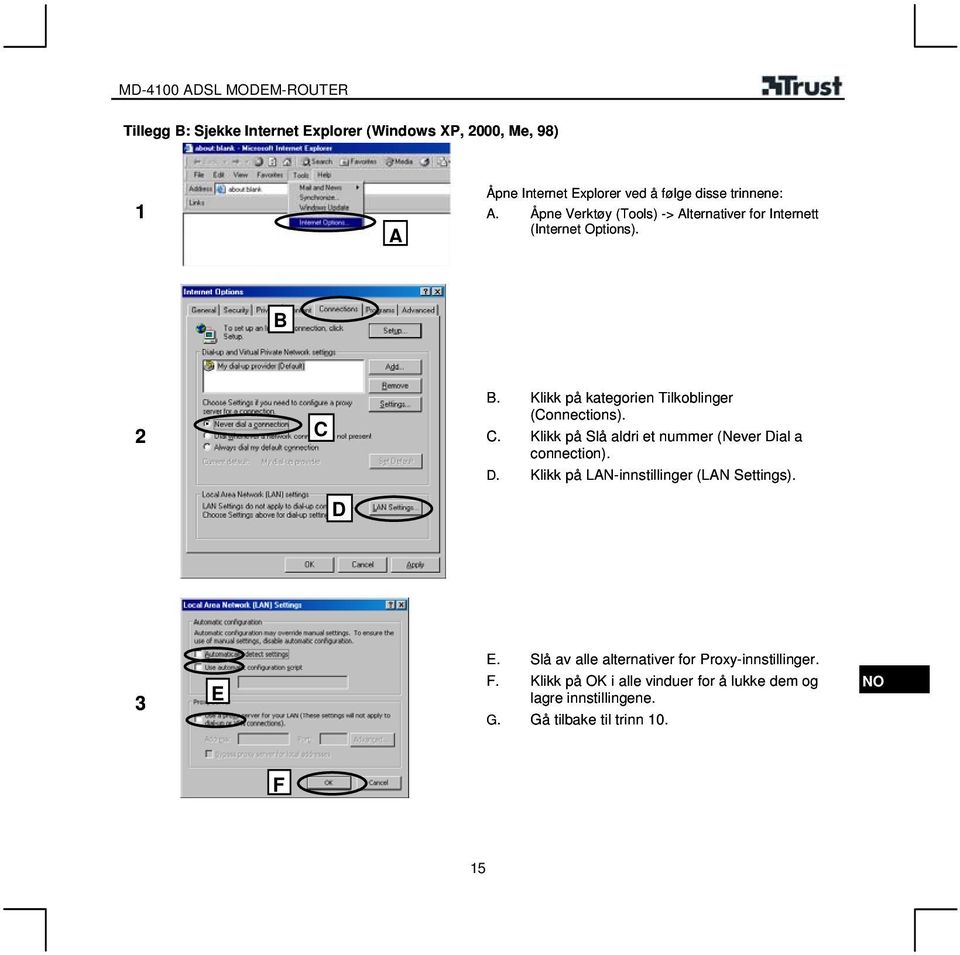 C. Klikk på Slå aldri et nummer (Never Dial a connection). D. Klikk på LAN-innstillinger (LAN Settings). D E E.