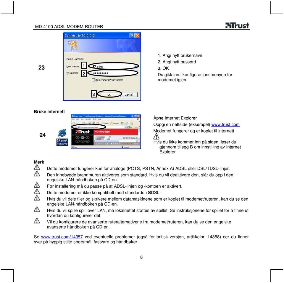 PSTN, Annex A) ADSL eller DSL/TDSL-linjer. Den innebygde brannmuren aktiveres som standard. Hvis du vil deaktivere den, slår du opp i den engelske LAN-håndboken på CD-en.