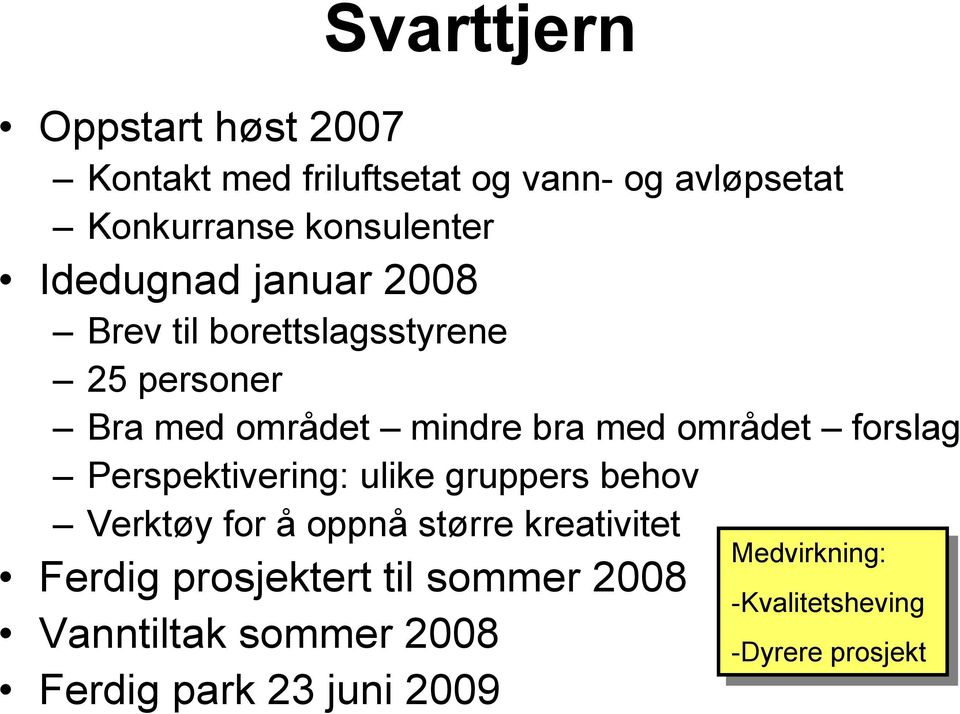 forslag Perspektivering: ulike gruppers behov Verktøy for å oppnå større kreativitet Medvirkning: Ferdig