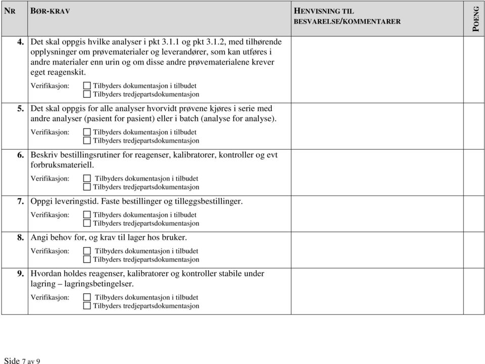 Det skal oppgis for alle analyser hvorvidt prøvene kjøres i serie med andre analyser (pasient for pasient) eller i batch (analyse for analyse). 6.