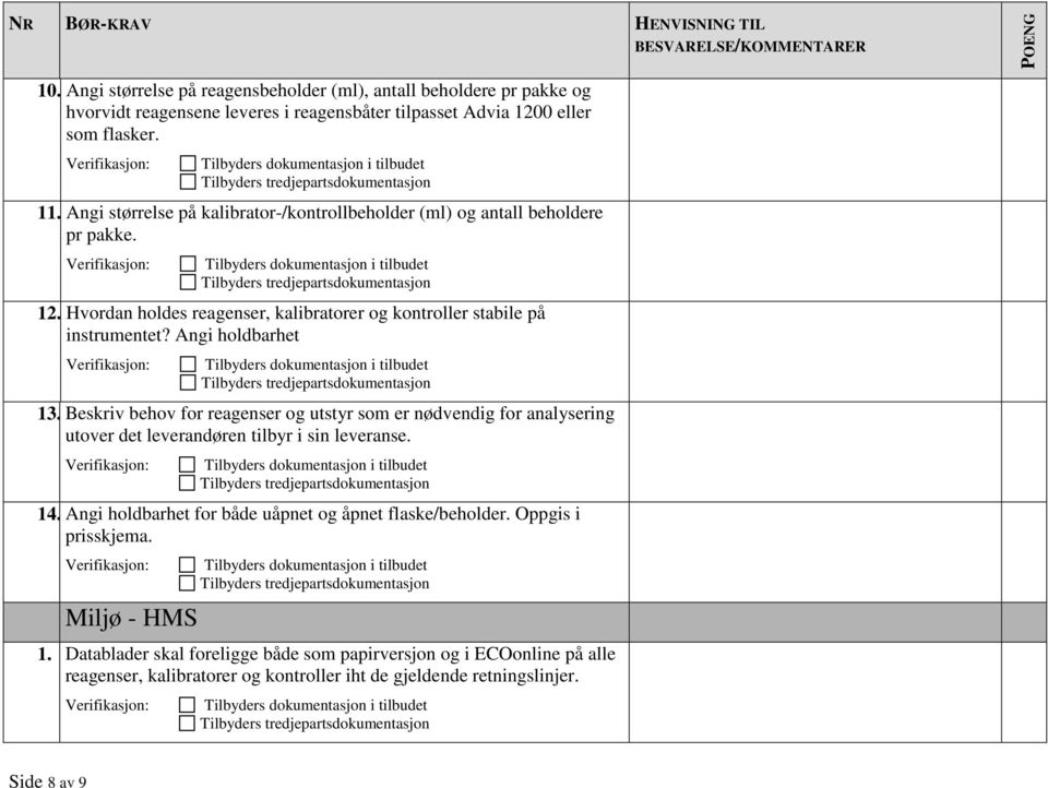 Angi størrelse på kalibrator-/kontrollbeholder (ml) og antall beholdere pr pakke. 12. Hvordan holdes reagenser, kalibratorer og kontroller stabile på instrumentet? Angi holdbarhet 13.