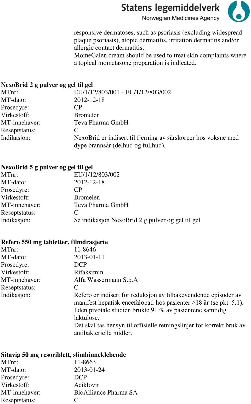 NexoBrid 2 g pulver og gel til gel EU/1/12/803/001 - EU/1/12/803/002 MT-dato: 2012-12-18 P Bromelen Teva Pharma GmbH NexoBrid er indisert til fjerning av sårskorper hos voksne med dype brannsår