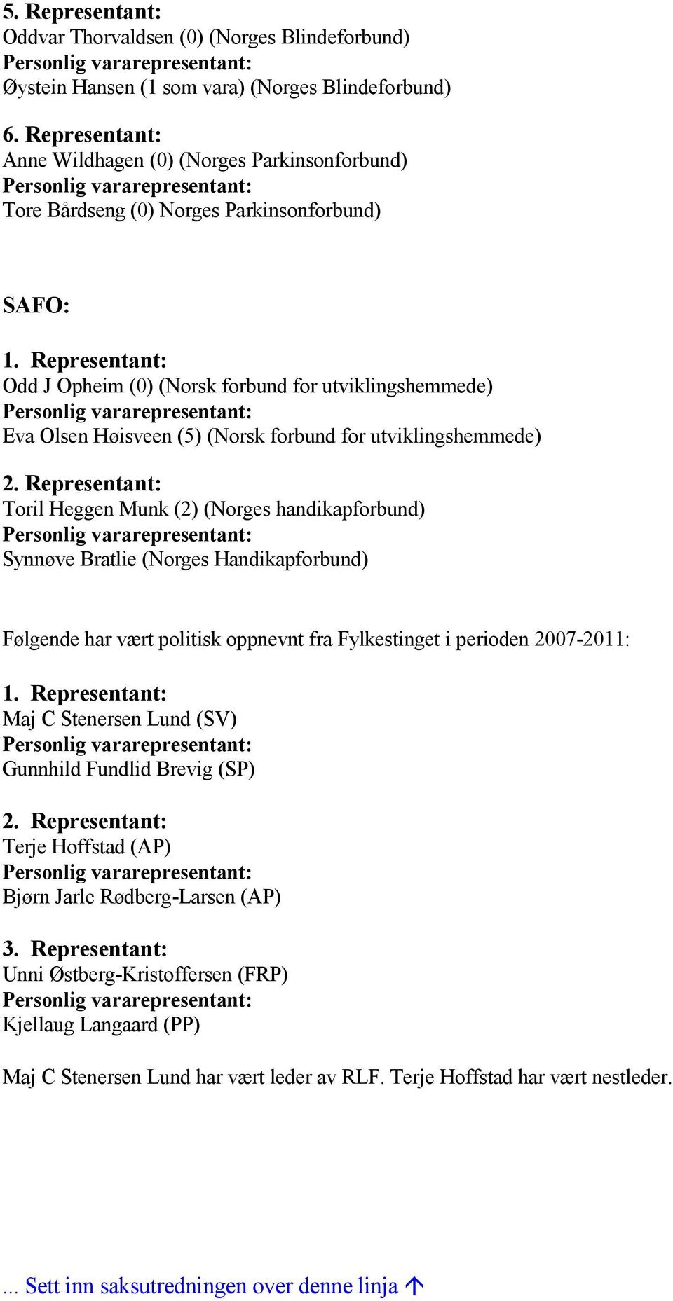 forbund for utviklingshemmede) Toril Heggen Munk (2) (Norges handikapforbund) Synnøve Bratlie (Norges Handikapforbund) Følgende har vært politisk oppnevnt fra Fylkestinget i perioden 2007-2011: Maj C