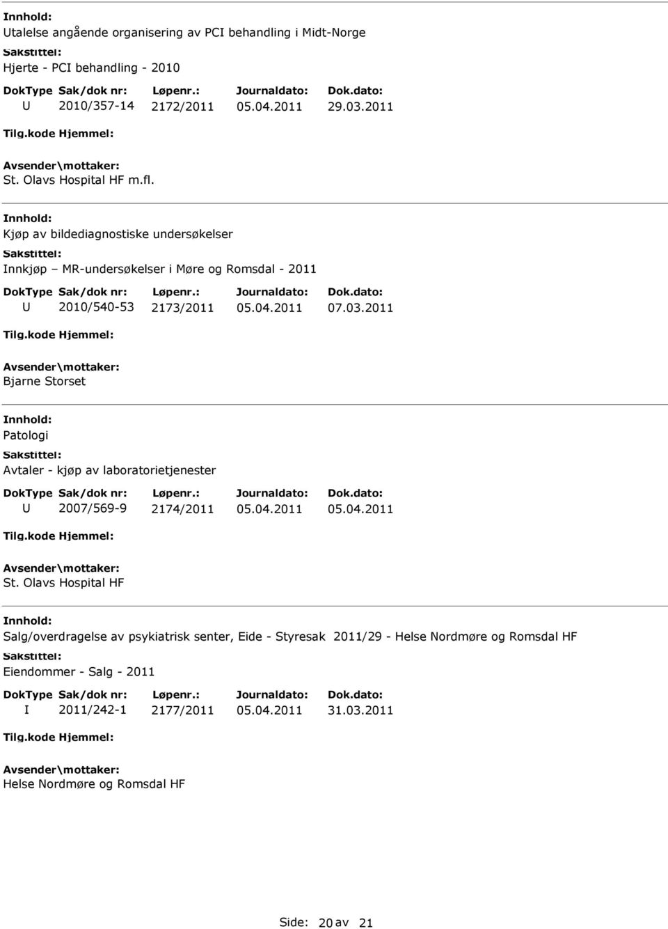 2011 Bjarne Storset Patologi Avtaler - kjøp av laboratorietjenester 2007/569-9 2174/2011 St.