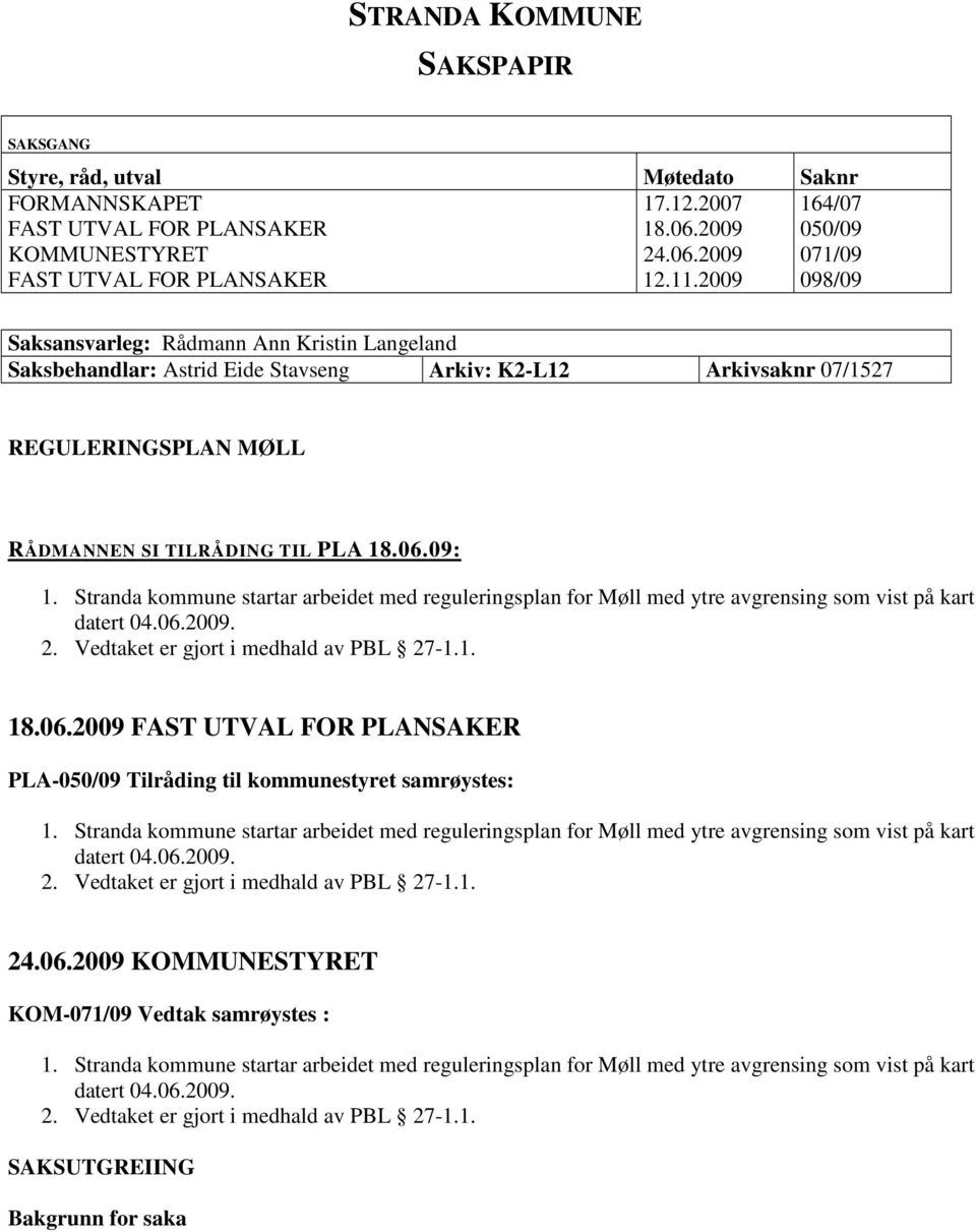 Stranda kommune startar arbeidet med reguleringsplan for Møll med ytre avgrensing som vist på kart datert 04.06.2009. 2. Vedtaket er gjort i medhald av PBL 27-1.1. 18.06.2009 FAST UTVAL FOR PLANSAKER PLA-050/09 Tilråding til kommunestyret samrøystes: 1.