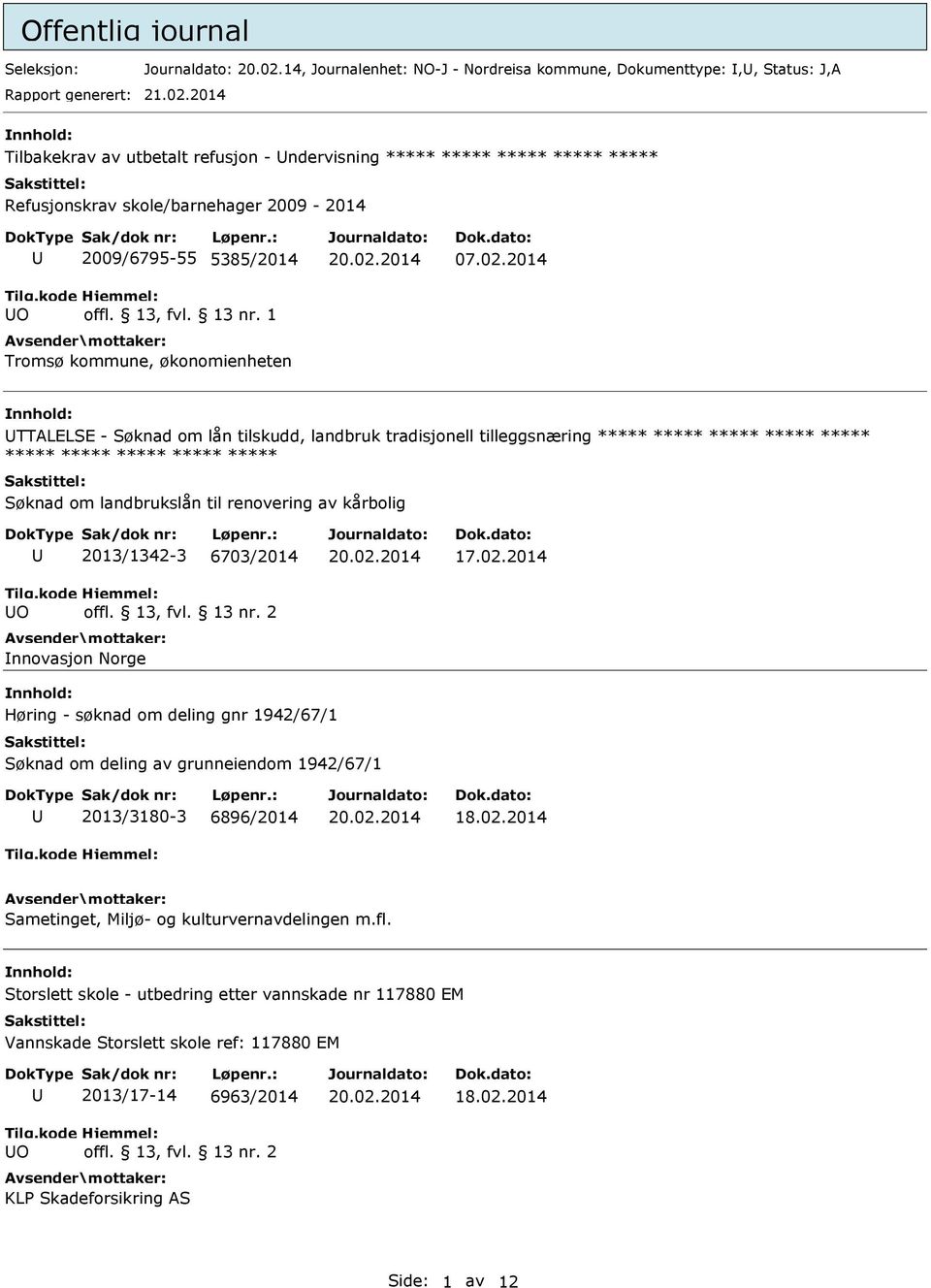 2014 Tilbakekrav av utbetalt refusjon - ndervisning ***** ***** ***** ***** ***** Refusjonskrav skole/barnehager 2009-2014 O 2009/6795-55 5385/2014 Tromsø kommune, økonomienheten 07.02.