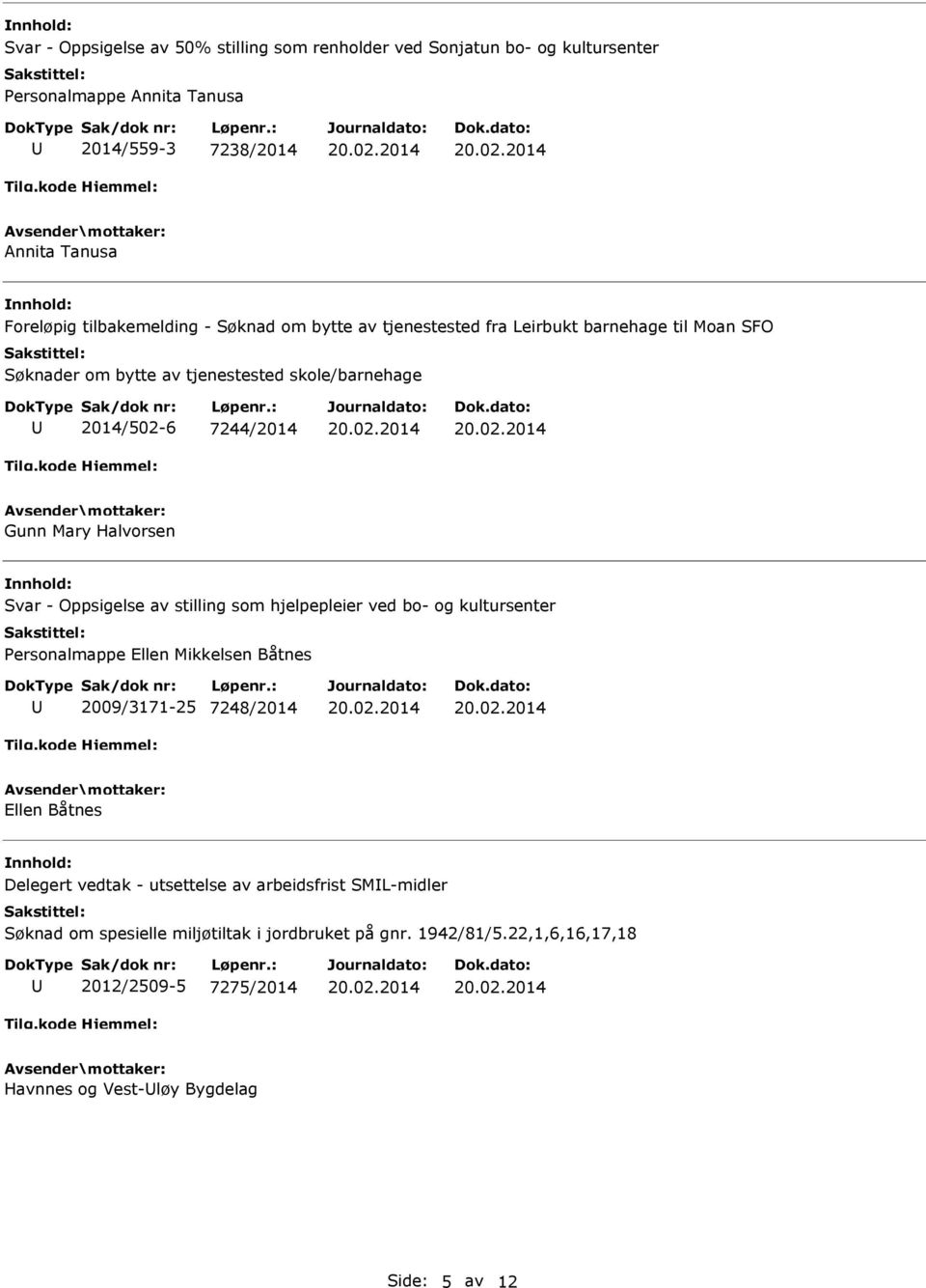 Oppsigelse av stilling som hjelpepleier ved bo- og kultursenter Personalmappe Ellen Mikkelsen Båtnes 2009/3171-25 7248/2014 Ellen Båtnes Delegert vedtak - utsettelse av