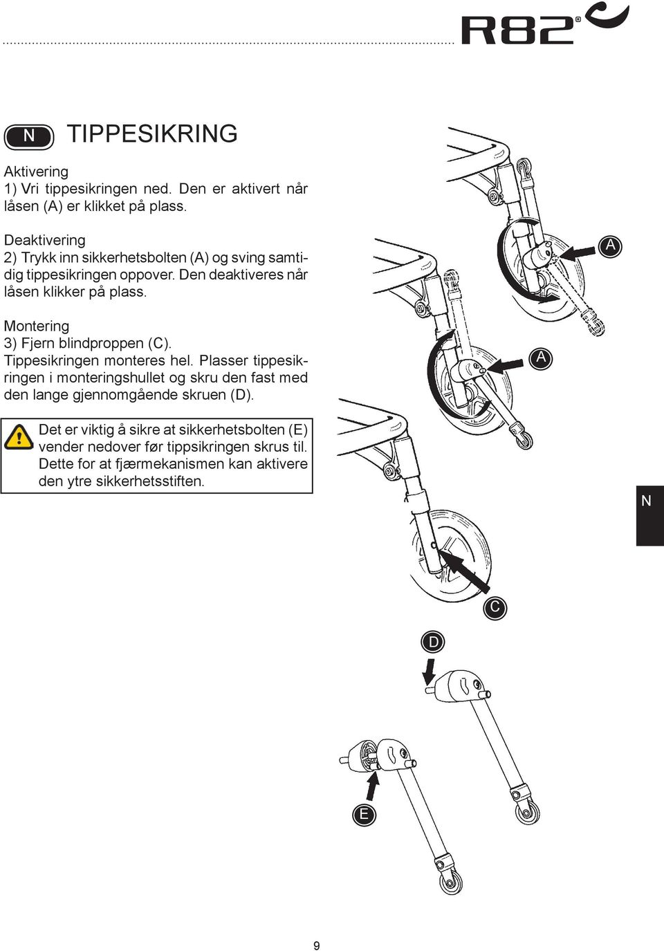 Montering 3) Fjern blindproppen (). Tippesikringen monteres hel.