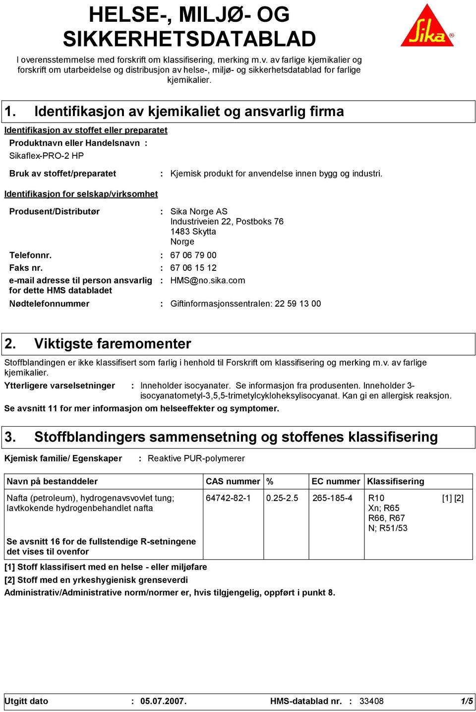 selskap/virksomhet Kjemisk produkt for anvendelse innen bygg og industri. Produsent/Distributør Nødtelefonnummer Sika Norge AS Industriveien 22, Postboks 76 1483 Skytta Norge Telefonnr.