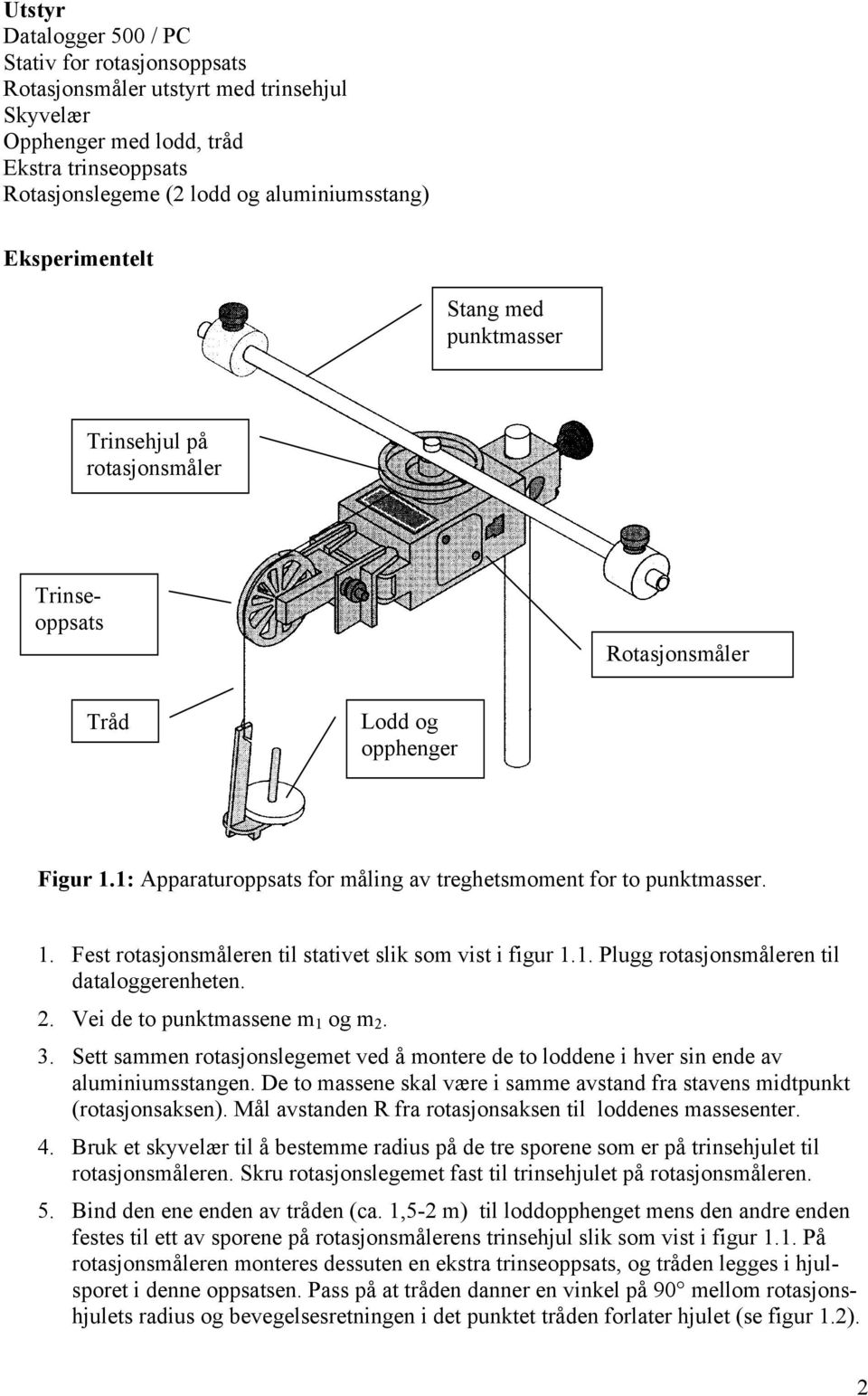 1. Plugg rotasjonsmåleren til dataloggerenheten.. Vei de to punktmassene m 1 og m. 3. Sett sammen rotasjonslegemet ved å montere de to loddene i hver sin ende av aluminiumsstangen.