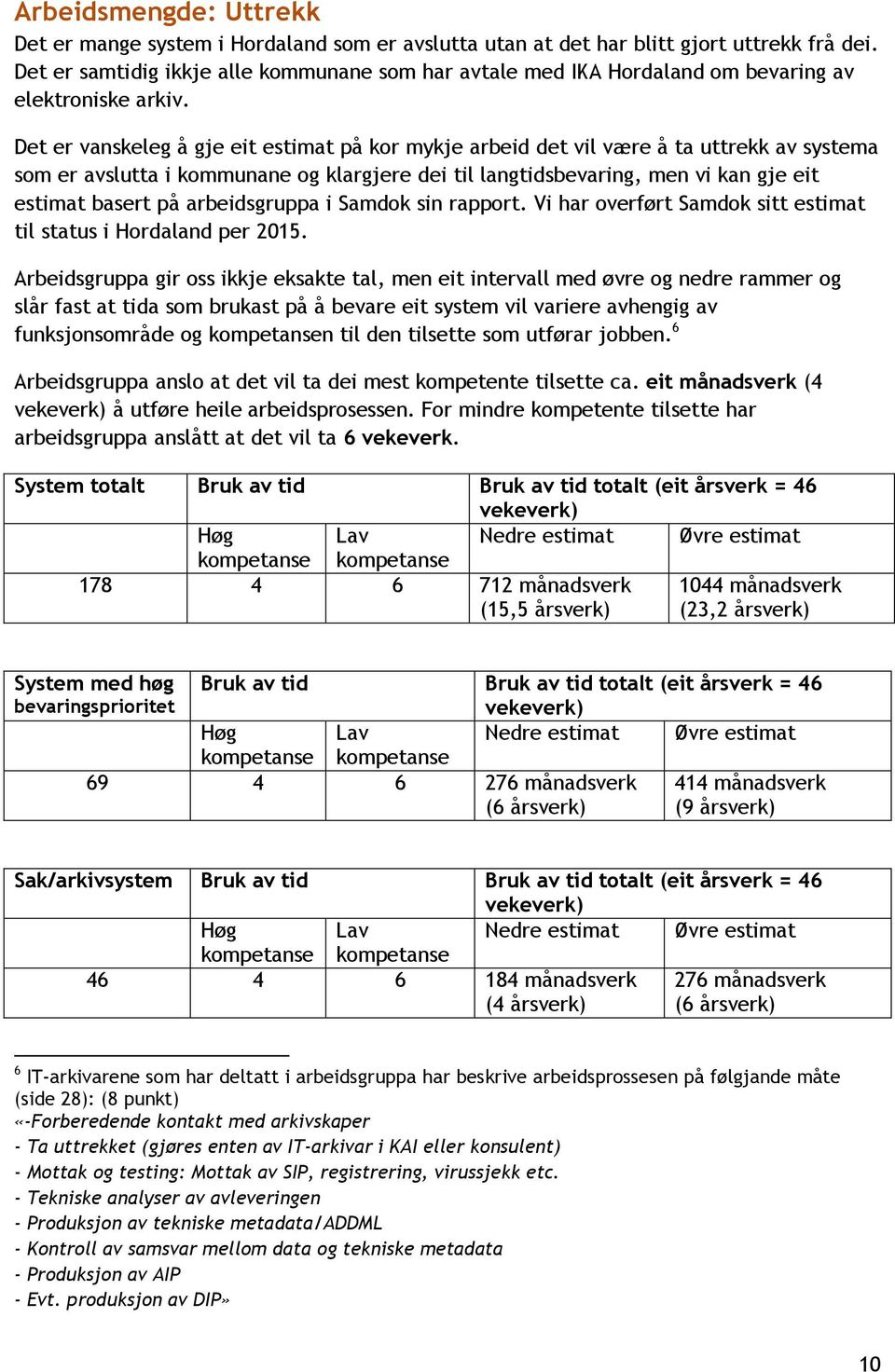 Det er vanskeleg å gje eit estimat på kor mykje arbeid det vil være å ta uttrekk av systema som er avslutta i kommunane og klargjere dei til langtidsbevaring, men vi kan gje eit estimat basert på