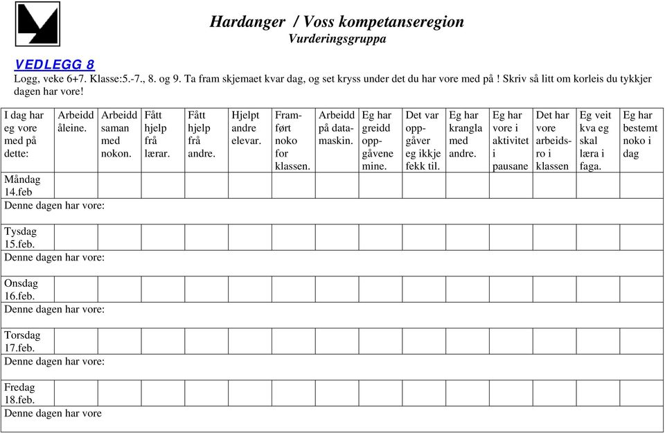 Framført noko for klassen. Arbeidd på datamaskin. Eg har greidd oppgåvene mine. Det var oppgåver eg ikkje fekk til. Eg har krangla med andre.