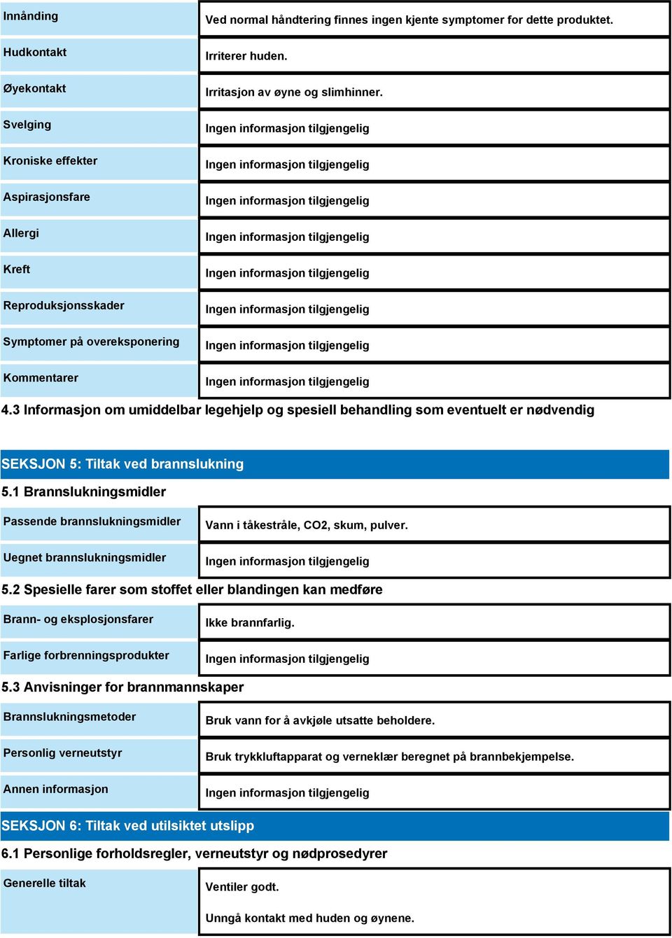3 Informasjon om umiddelbar legehjelp og spesiell behandling som eventuelt er nødvendig SEKSJON 5: Tiltak ved brannslukning 5.