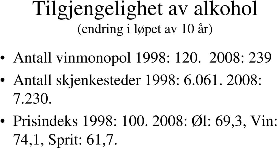 2008: 239 Antall skjenkesteder 1998: 6.061.