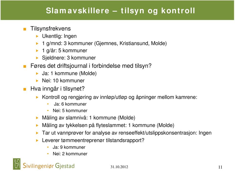 Kontroll og rengjøring av innløp/utløp og åpninger mellom kamrene: Ja: 6 kommuner Nei: 5 kommuner Måling av slamnivå: 1 kommune (Molde) Måling av tykkelsen