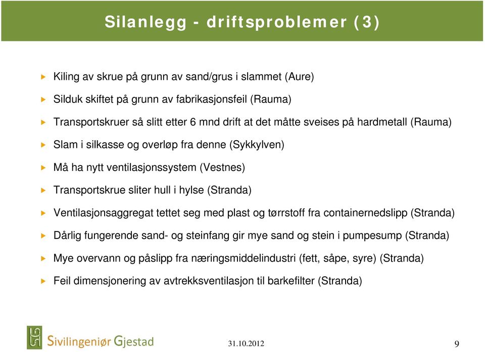 hylse (Stranda) Ventilasjonsaggregat tettet seg med plast og tørrstoff fra containernedslipp (Stranda) Dårlig fungerende sand- og steinfang gir mye sand og stein i