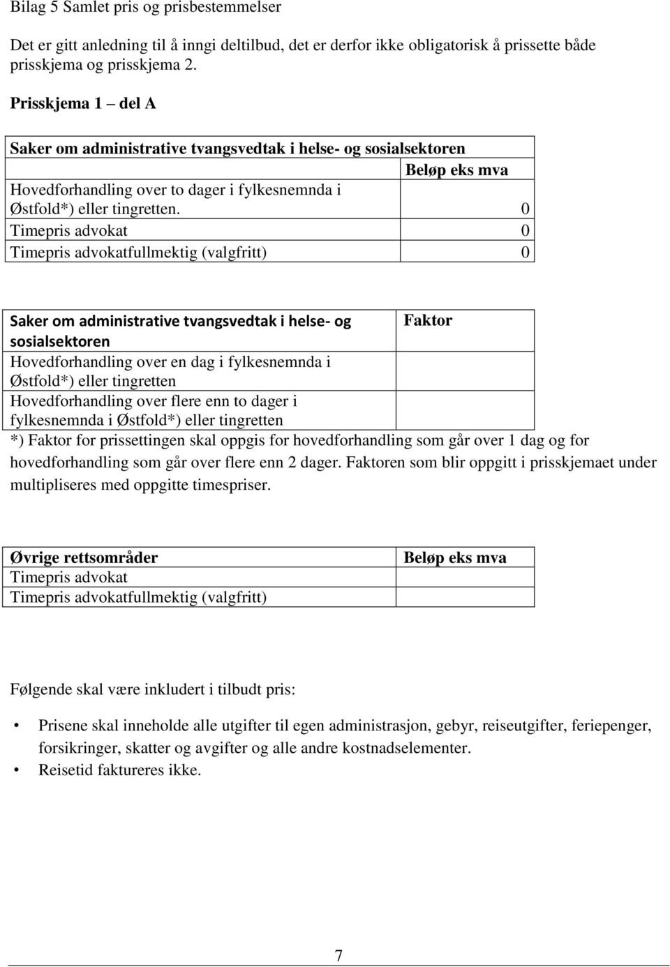 0 Timepris advokat 0 Timepris advokatfullmektig (valgfritt) 0 Saker om administrative tvangsvedtak i helse- og Faktor sosialsektoren Hovedforhandling over en dag i fylkesnemnda i Østfold*) eller