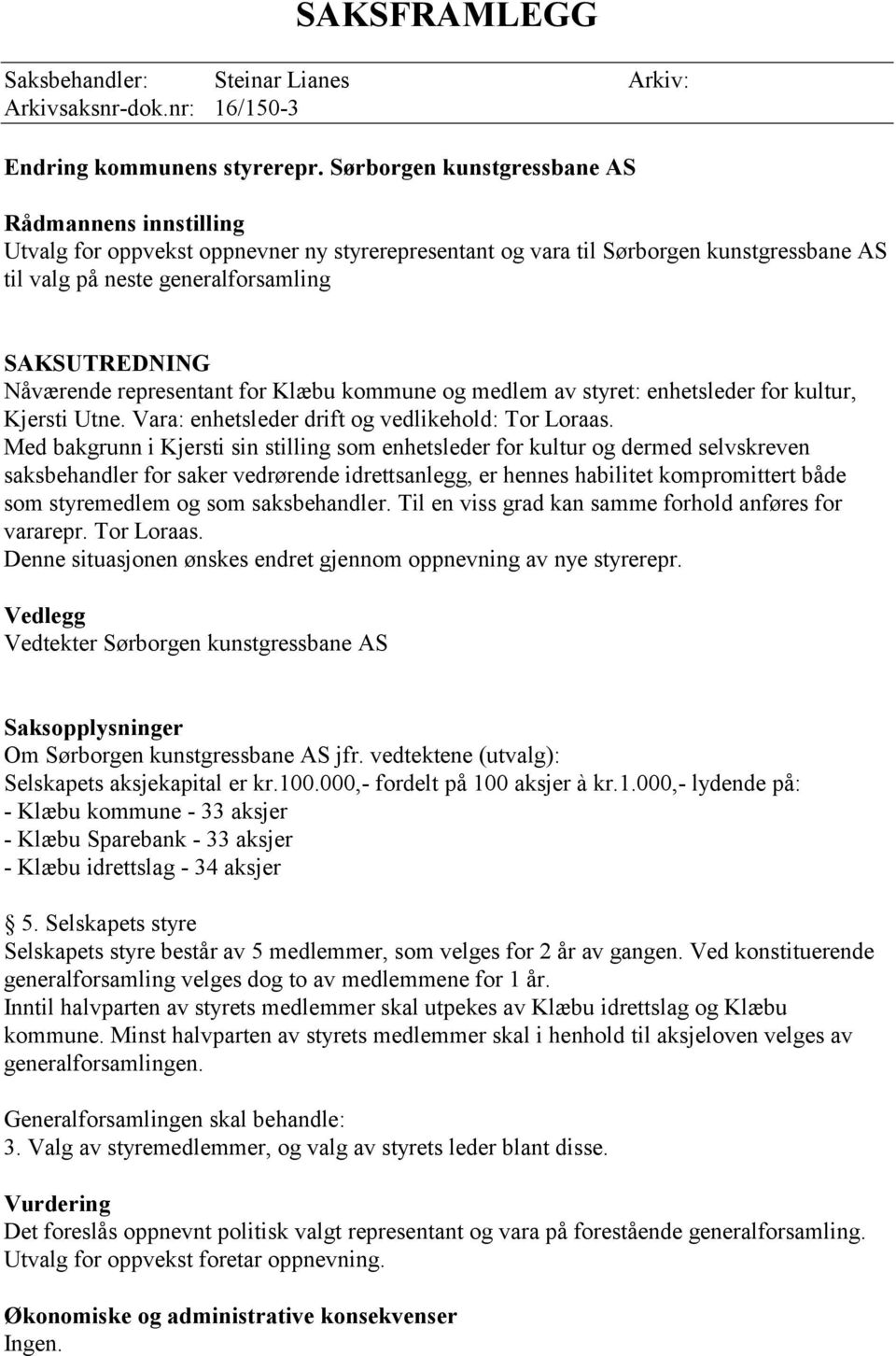 Nåværende representant for Klæbu kommune og medlem av styret: enhetsleder for kultur, Kjersti Utne. Vara: enhetsleder drift og vedlikehold: Tor Loraas.