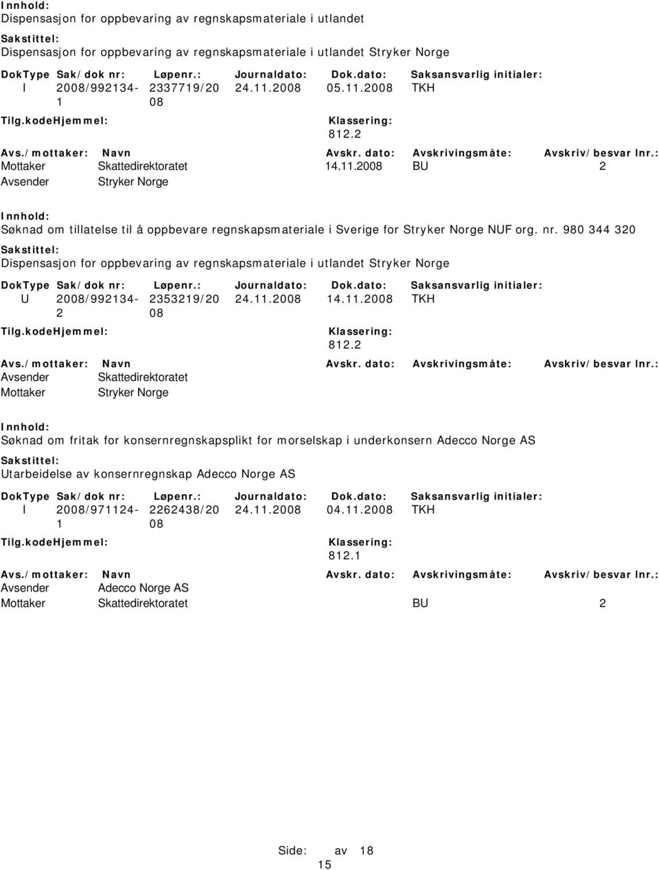 980 344 320 Dispensasjon for oppbevaring av regnskapsmateriale i utlandet Stryker Norge U 2008/992134-2353219/20 24.11.2008 14.11.2008 TKH 812.