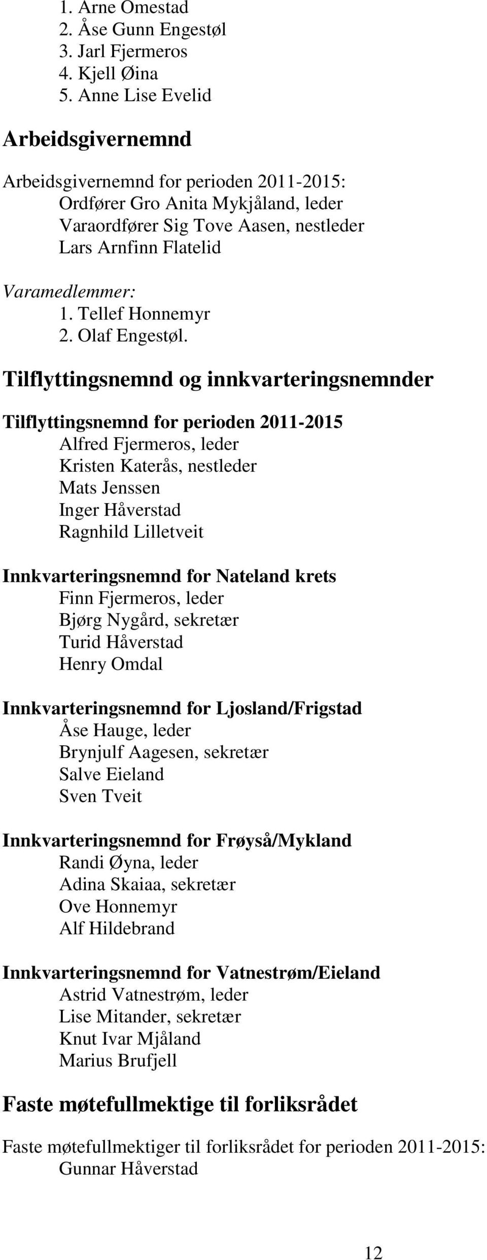 Tilflyttingsnemnd og innkvarteringsnemnder Tilflyttingsnemnd for perioden 2011-2015 Alfred Fjermeros, leder Kristen Katerås, nestleder Mats Jenssen Inger Håverstad Ragnhild Lilletveit