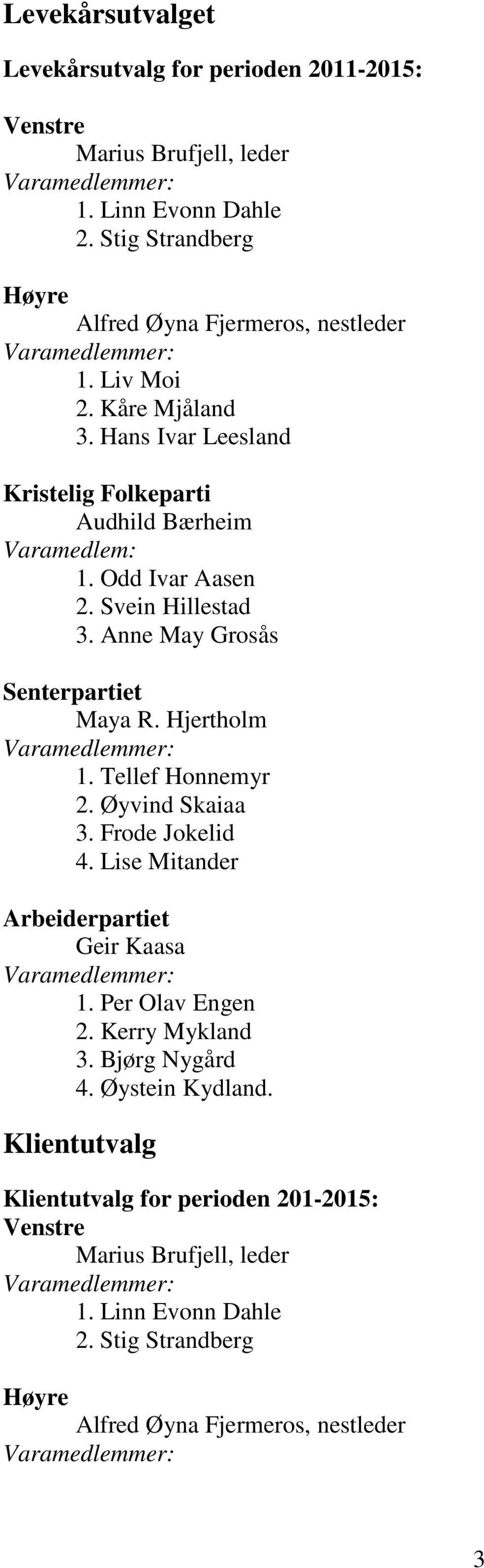 Hjertholm 1. Tellef Honnemyr 2. Øyvind Skaiaa 3. Frode Jokelid 4. Lise Mitander Arbeiderpartiet Geir Kaasa 1. Per Olav Engen 2. Kerry Mykland 3. Bjørg Nygård 4.