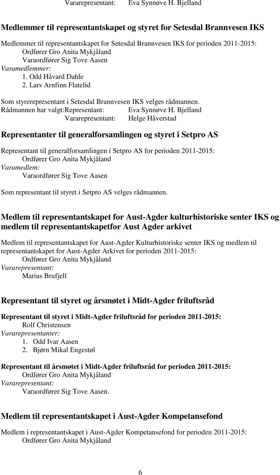 Bjelland Helge Håverstad Representanter til generalforsamlingen og styret i Setpro AS Representant til generalforsamlingen i Setpro AS for perioden 2011-2015: Som representant til styret i Setpro AS