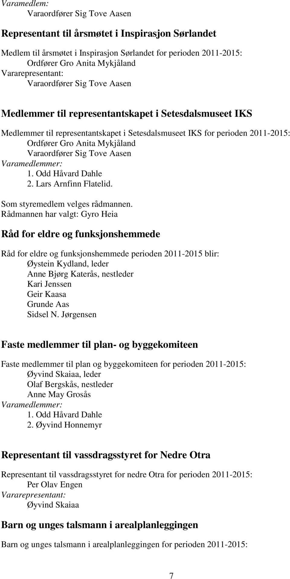 Rådmannen har valgt: Gyro Heia Råd for eldre og funksjonshemmede Råd for eldre og funksjonshemmede perioden 2011-2015 blir: Øystein Kydland, leder Anne Bjørg Katerås, nestleder Kari Jenssen Geir