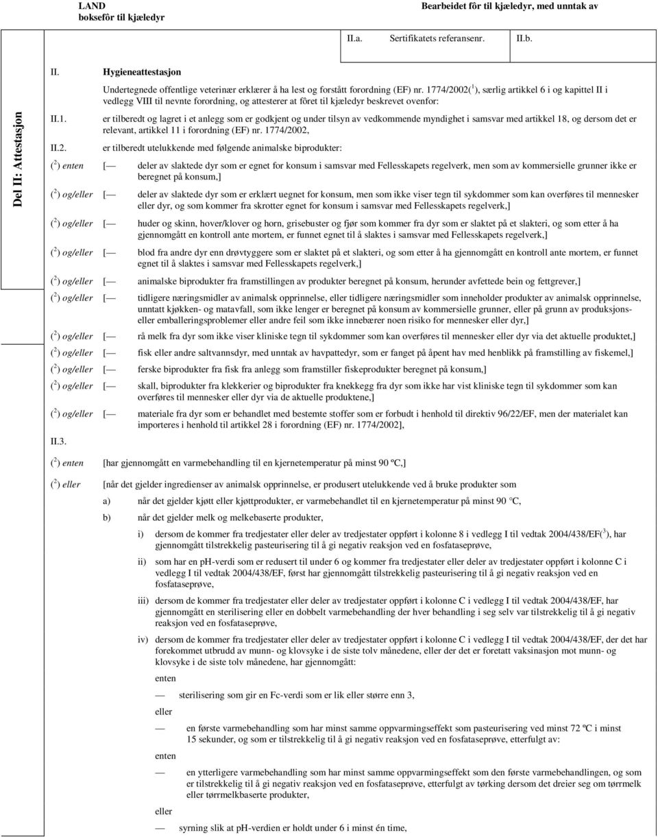 1774/2002( 1 ), særlig artikkel 6 i og kapittel II i vedlegg VIII til nevnte forordning, og attesterer at fôret til kjæledyr beskrevet ovenfor: er tilberedt og lagret i et anlegg som er godkjent og