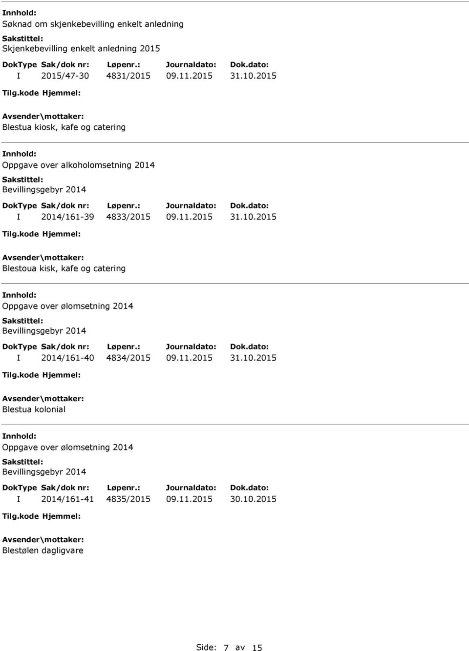 2015 Blestoua kisk, kafe og catering Oppgave over ølomsetning 2014 Bevillingsgebyr 2014 2014/161-40 4834/2015 31.10.