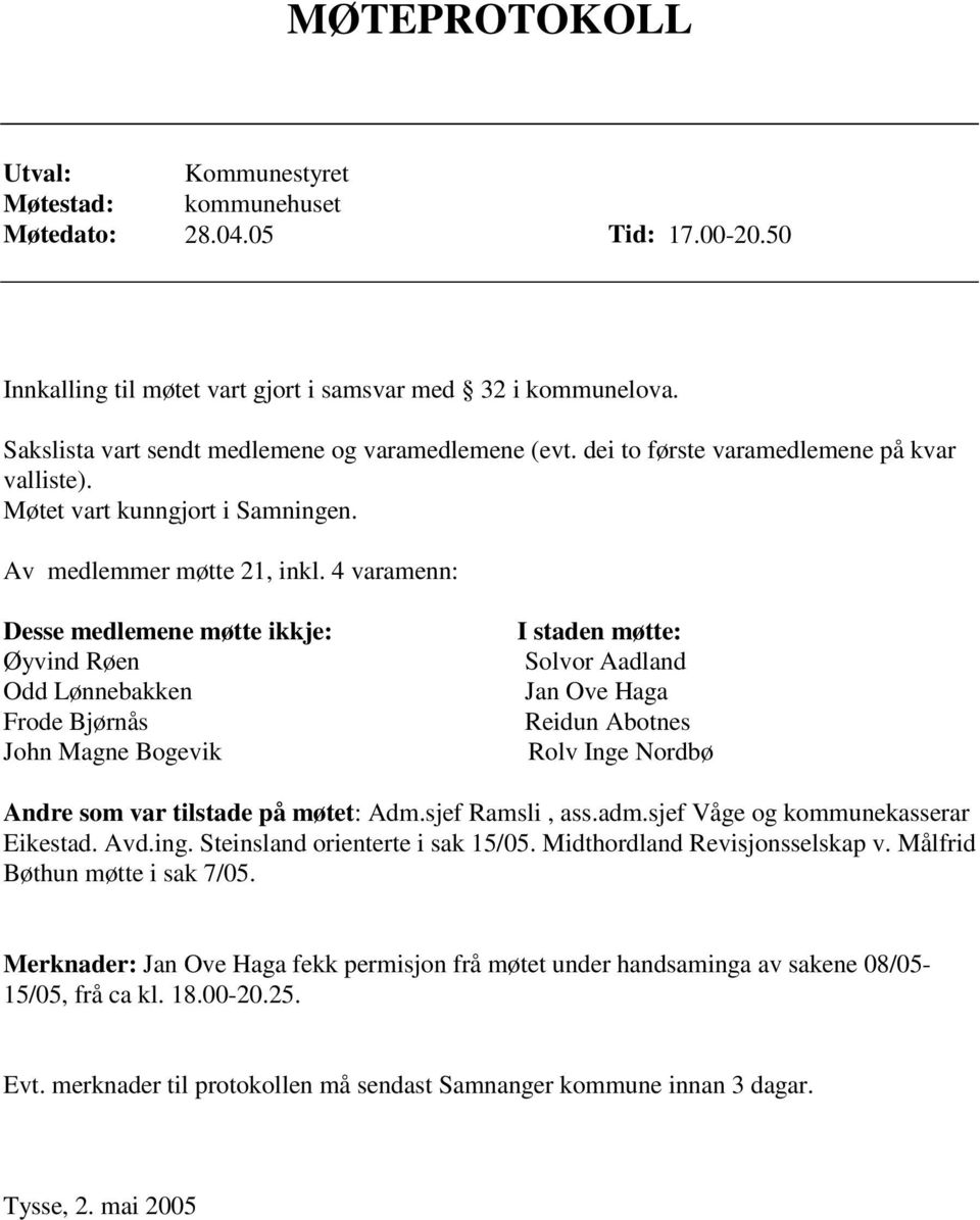 4 varamenn: Desse medlemene møtte ikkje: Øyvind Røen Odd Lønnebakken Frode Bjørnås John Magne Bogevik I staden møtte: Solvor Aadland Jan Ove Haga Reidun Abotnes Rolv Inge Nordbø Andre som var