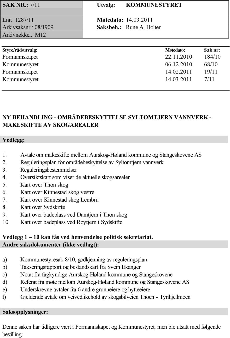 Avtale om makeskifte mellom Aurskog-Høland kommune og Stangeskovene AS 2. Reguleringsplan for områdebeskyttelse av Syltomtjern vannverk 3. Reguleringsbestemmelser 4.