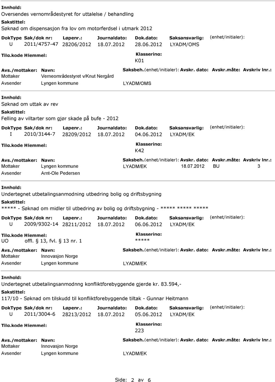 2012 LYADM/OMS K01 Mottaker Verneområdestyret v/knut Nergård LYADM/OMS Søknad om uttak av rev Felling av viltarter som gjør skade på bufe - 2012 2010/3144-7 28209/2012 04.06.