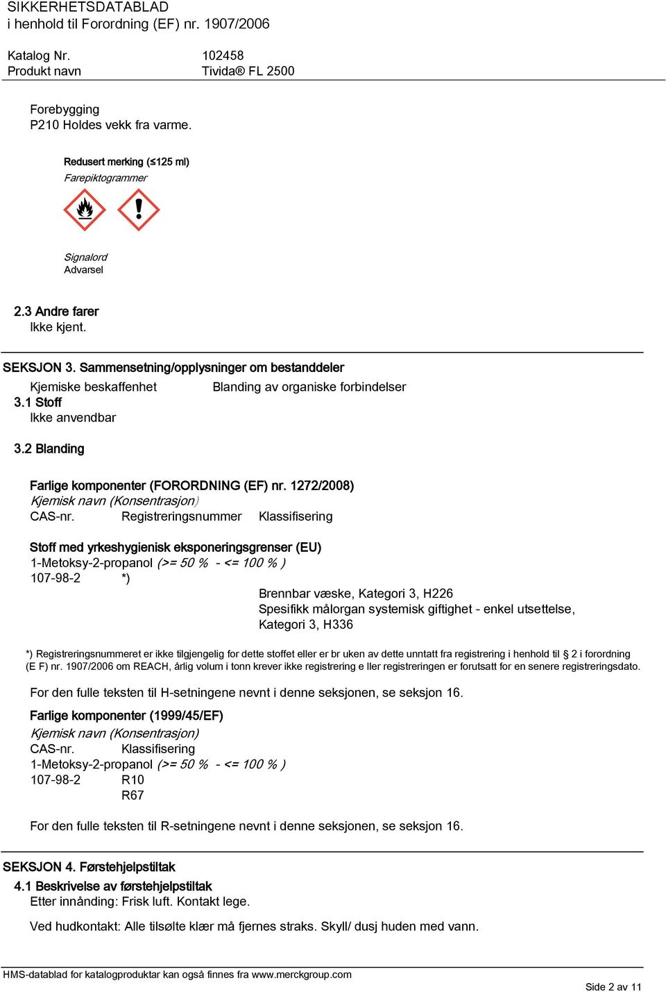 1272/2008) Kjemisk navn (Konsentrasjon) CAS-nr.